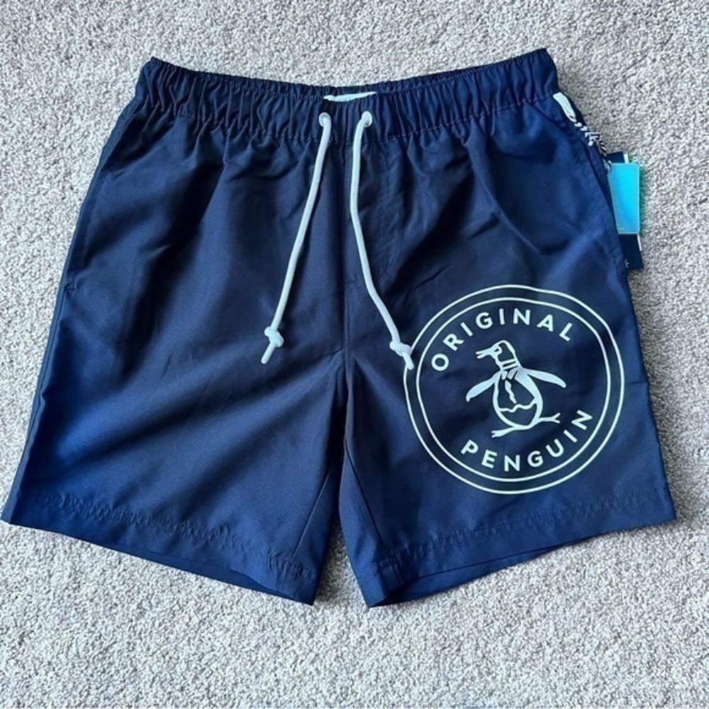 NWT Penguin men’s size small navy blue and white swim trunks